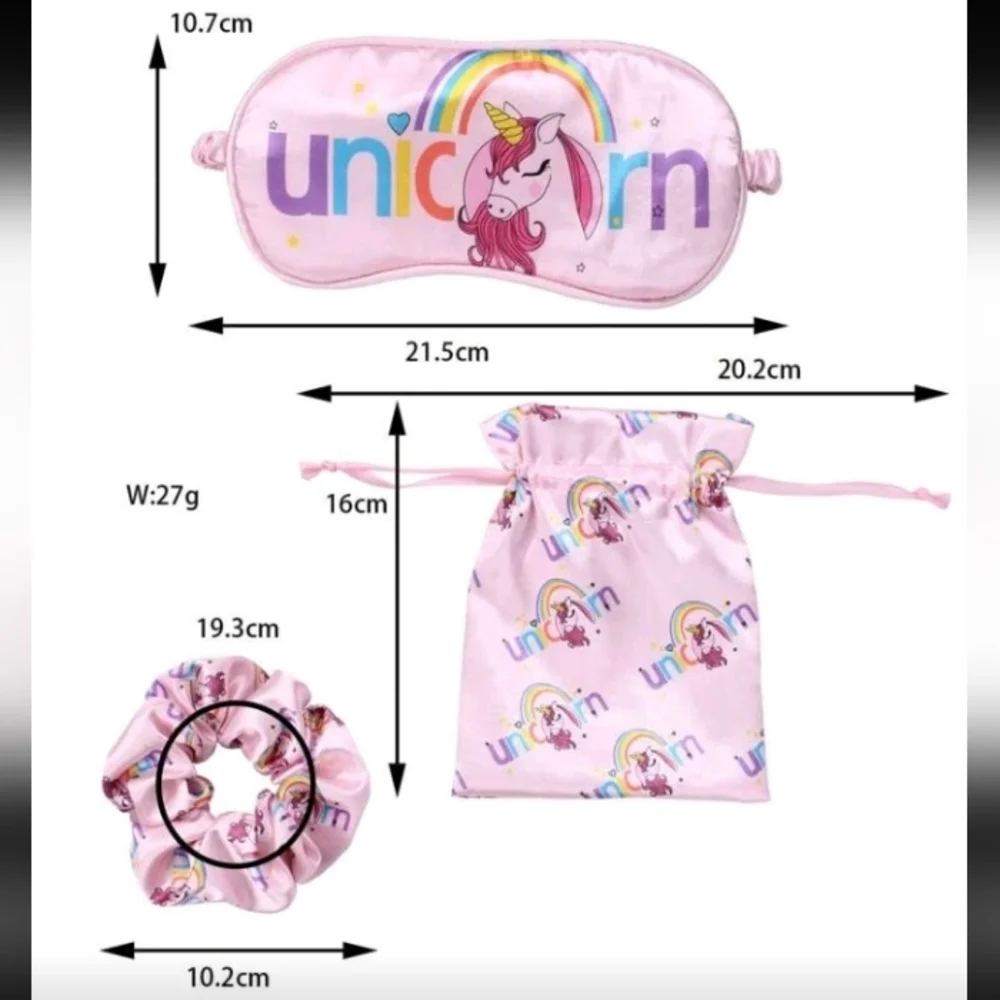 Cute Pink Unicorn Sleep Mask Scrunchie And Pouch Satin Accessory Set